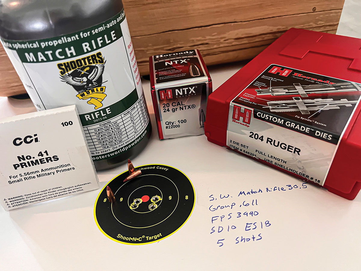 This five-shot group was with Shooters World Match Rifle, Hornady 24-Grain NTX bullet, Nosler brass and CCI No. 41 primers. This will be a go-to load for future varmint hunting.